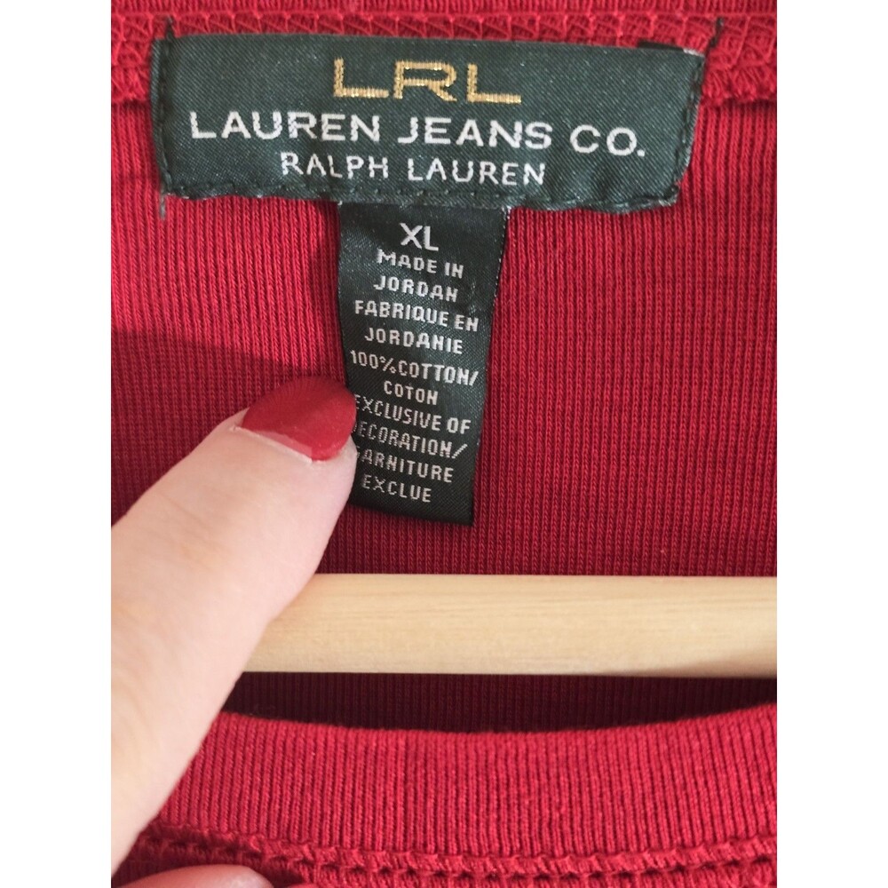 LRL Ralph Lauren Gorpcore Red Cotton Long Sleeve Elbow Patch Top Women's XL - Picture 4 of 8